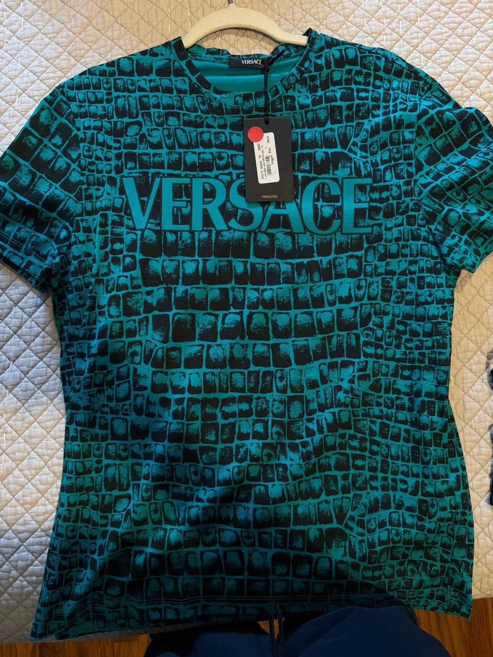 Versace Teal and Black Croc-Print Logo Tee